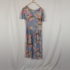 Passports Pier 1 Imports Blue Pink Floral Midi Dress Vintage 90s Cottagecore M